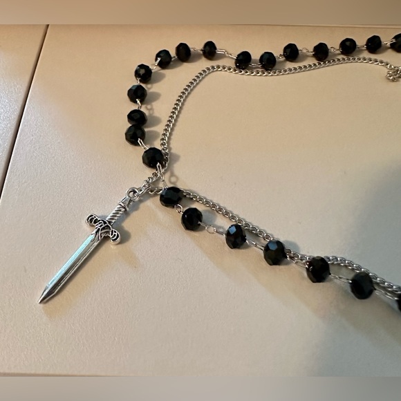 Sword Pendant Silver Tone Necklace Black Beaded Choker Double layered. - Picture 1 of 6